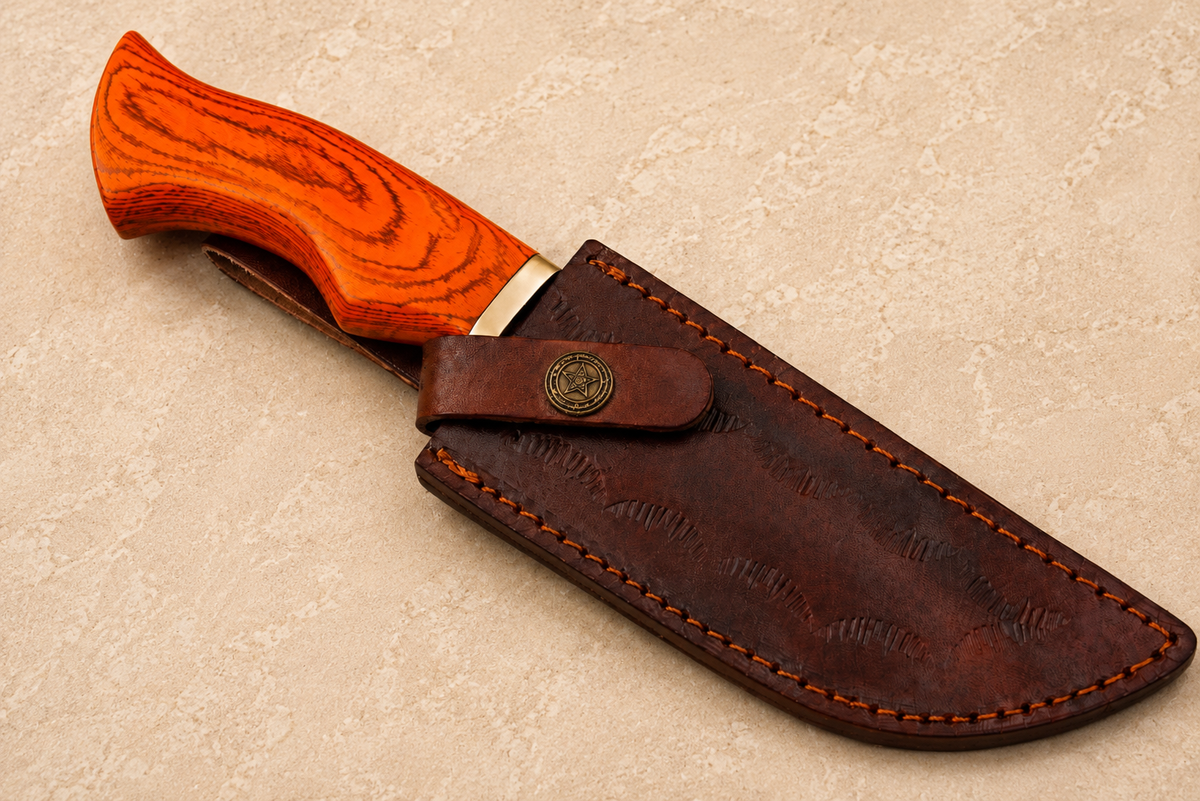 Timber Guard Damascus Steel Utility Knife – 512 Layer Hand Forged Fixed Blade with Stained Wood Handle, Brass Guard & Leather Sheath