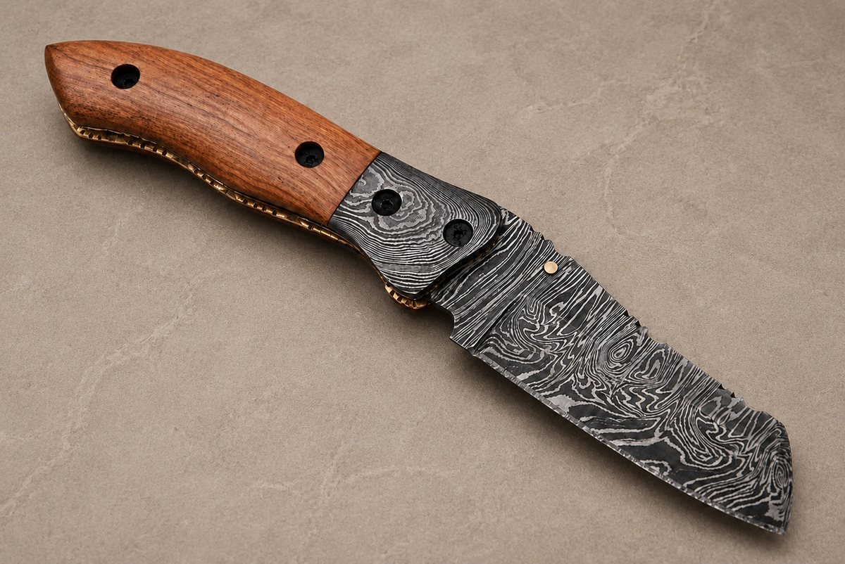 Handmade 512-Layer Damascus Steel Folding Utility Knife with Olive Wood Handle & Leather Sheath