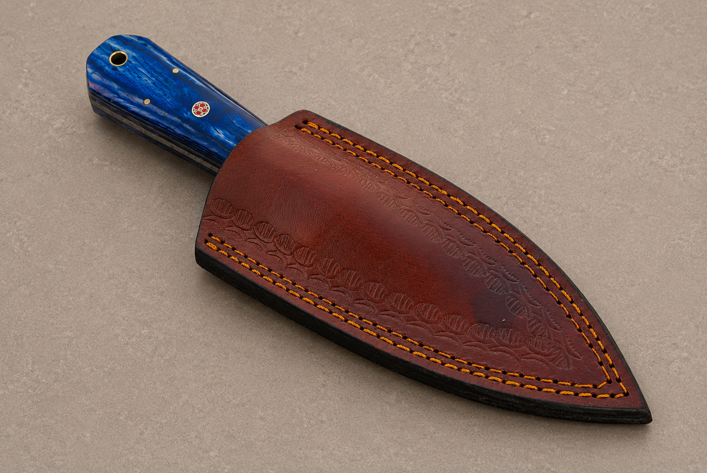 Woodland Forge Damascus Steel Knife – 512 Layer Hand Forged Blade with Stained Wood Handle & Leather Sheath