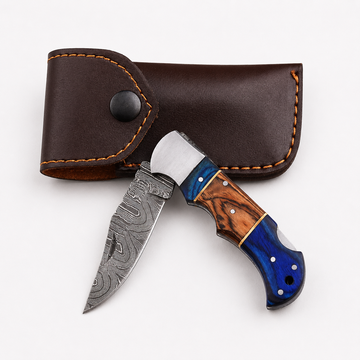 Handmade Folding Damascus Steel Pocket Knife – Pukka Wood Handle | Steel Bolster | Back Lock Design