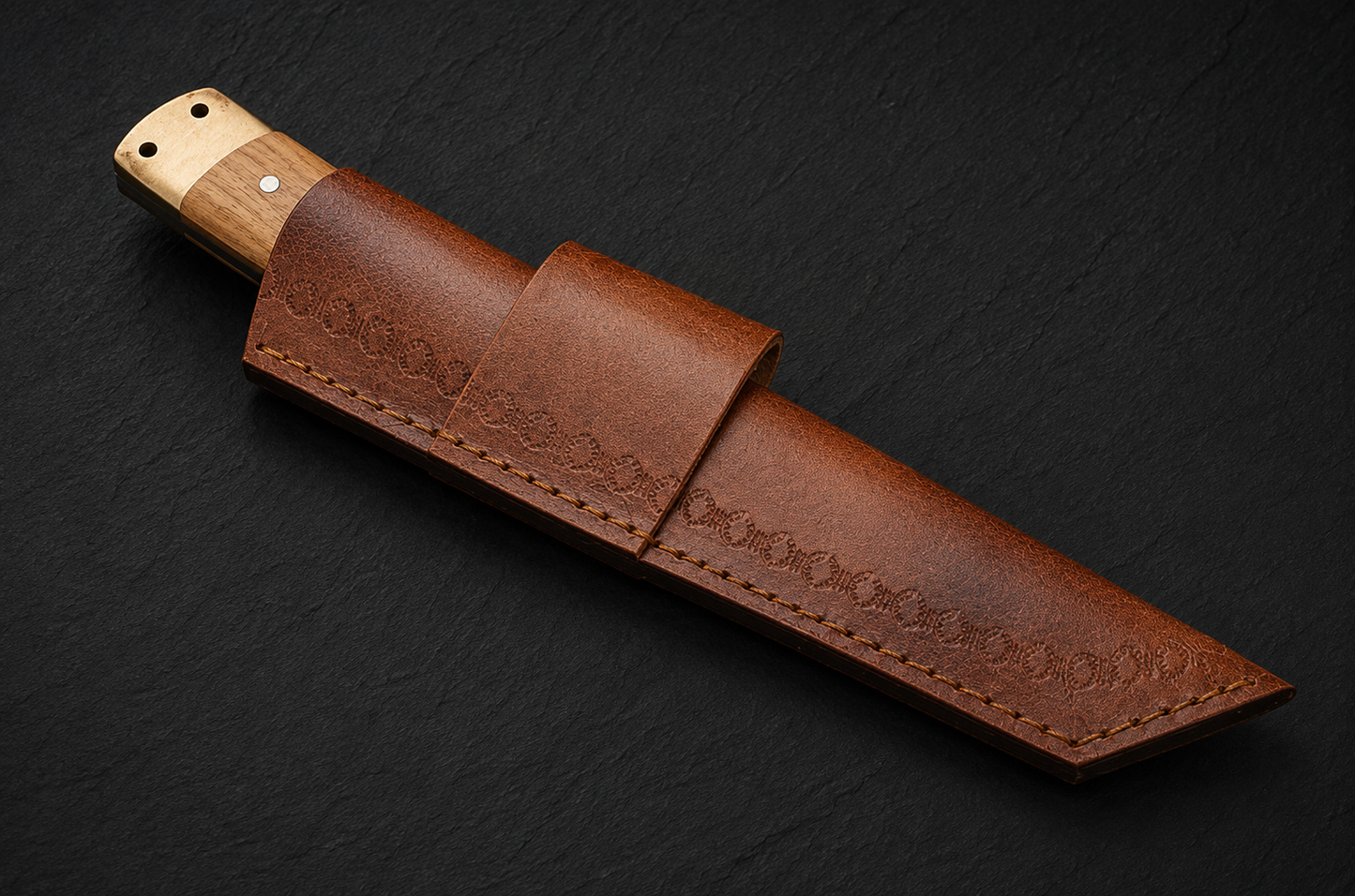 Copper Grove Damascus Steel Utility Knife – 512 Layer Hand Forged Tanto-Style Blade with Olive Wood Handle, Copper Bolster & Leather Sheath