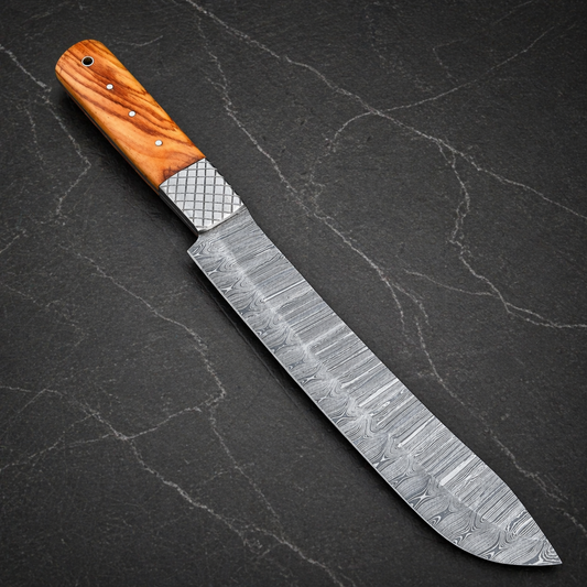 Handmade Damascus Steel Brisket Chef Knife with Wood Handle & Leather Sheath 2373