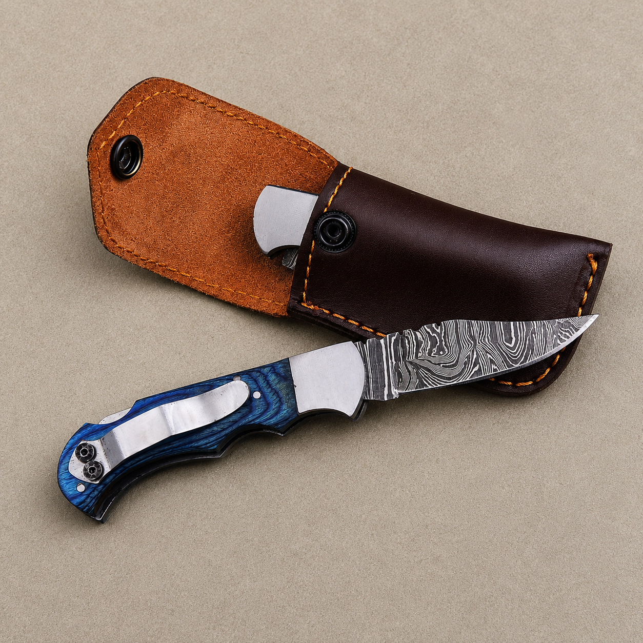 Personalized Damascus Folding Knife – Blue Pakka Wood Handle, Steel Bolster, Back Lock & Leather Sheath | Custom Engraved Gift
