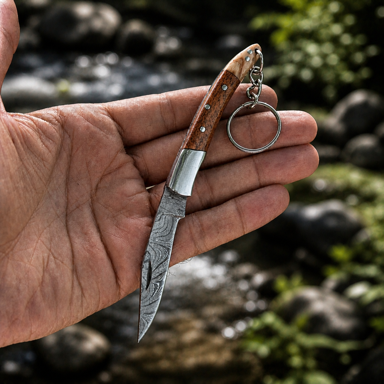 Hand Forged Damascus Steel Folding Knife – 3” Compact Pocket Knife with Wood & Steel Handle (512 Layers)