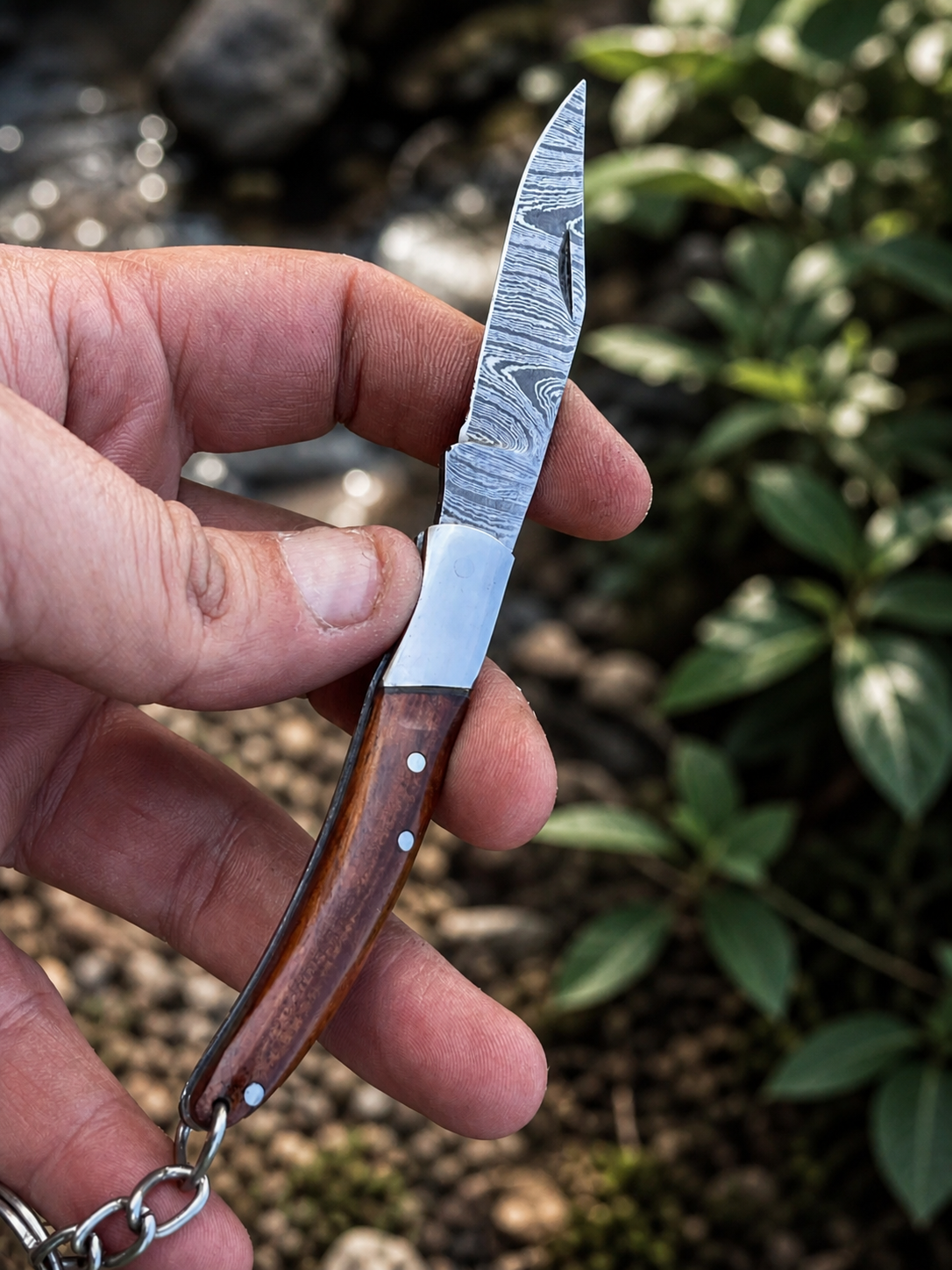 Hand Forged Damascus Steel Folding Knife Keychain – 3” Mini Pocket Knife with Wood & Steel Handle (512 Layers)