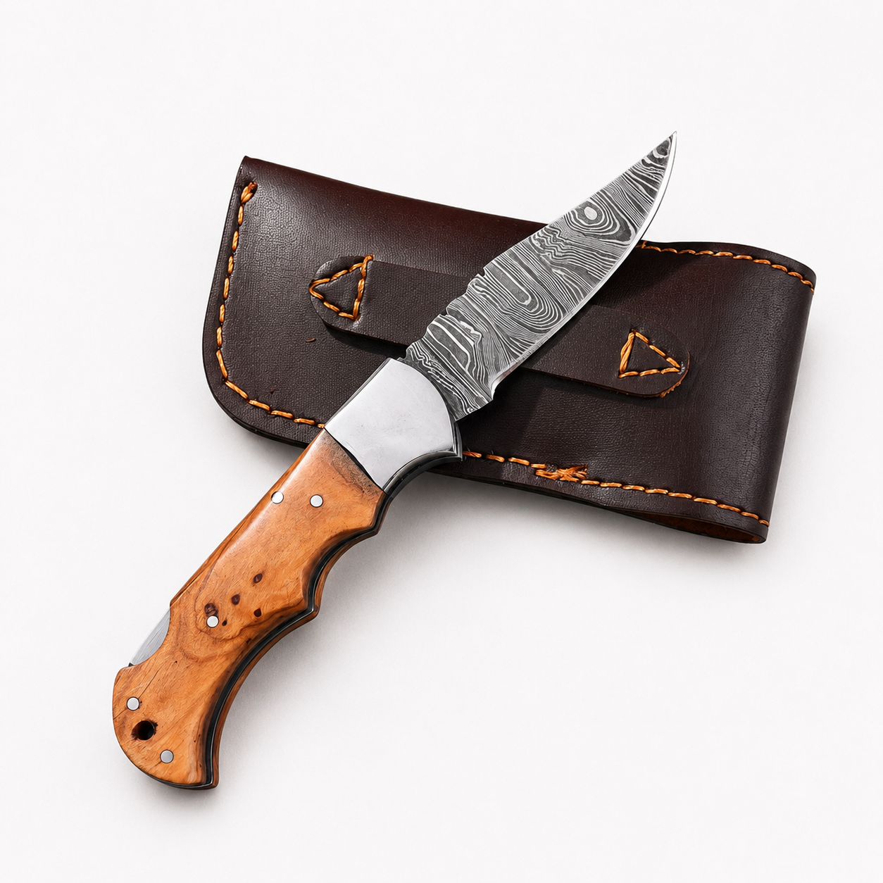 Hand Forged Folding Damascus Steel Pocket Knife – Premium Wood Handle | Steel Bolster | Back Lock Design