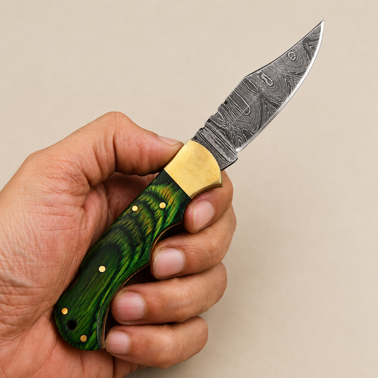 Artisan Folding Knife – Premium Green Pakka Wood Handle & Leather Sheath