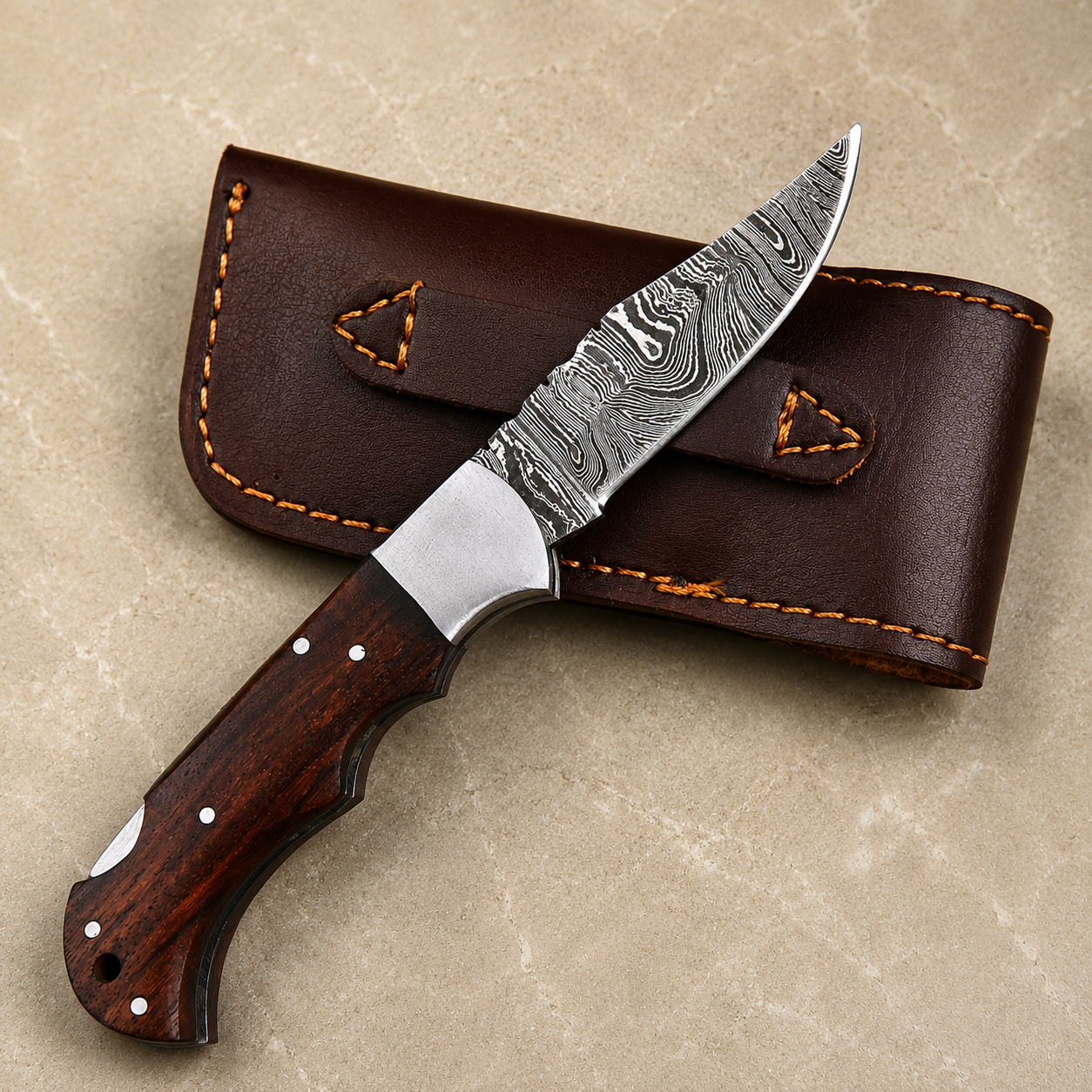 Artisan Damascus Folding Knife – Mocha Brown Rose Wood Handle