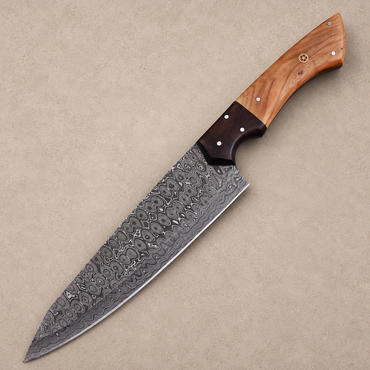 Olive Ridge Elite Damascus Chef Knife – Handmade Premium Damascus Steel with Olive Wood & Rosewood Handle | 12" Full Tang