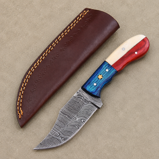 Republic Forge Damascus Steel Knife – 512-Layer Hand Forged Fixed Blade with Texas Flag Bone & Wood Handle, Leather Sheath