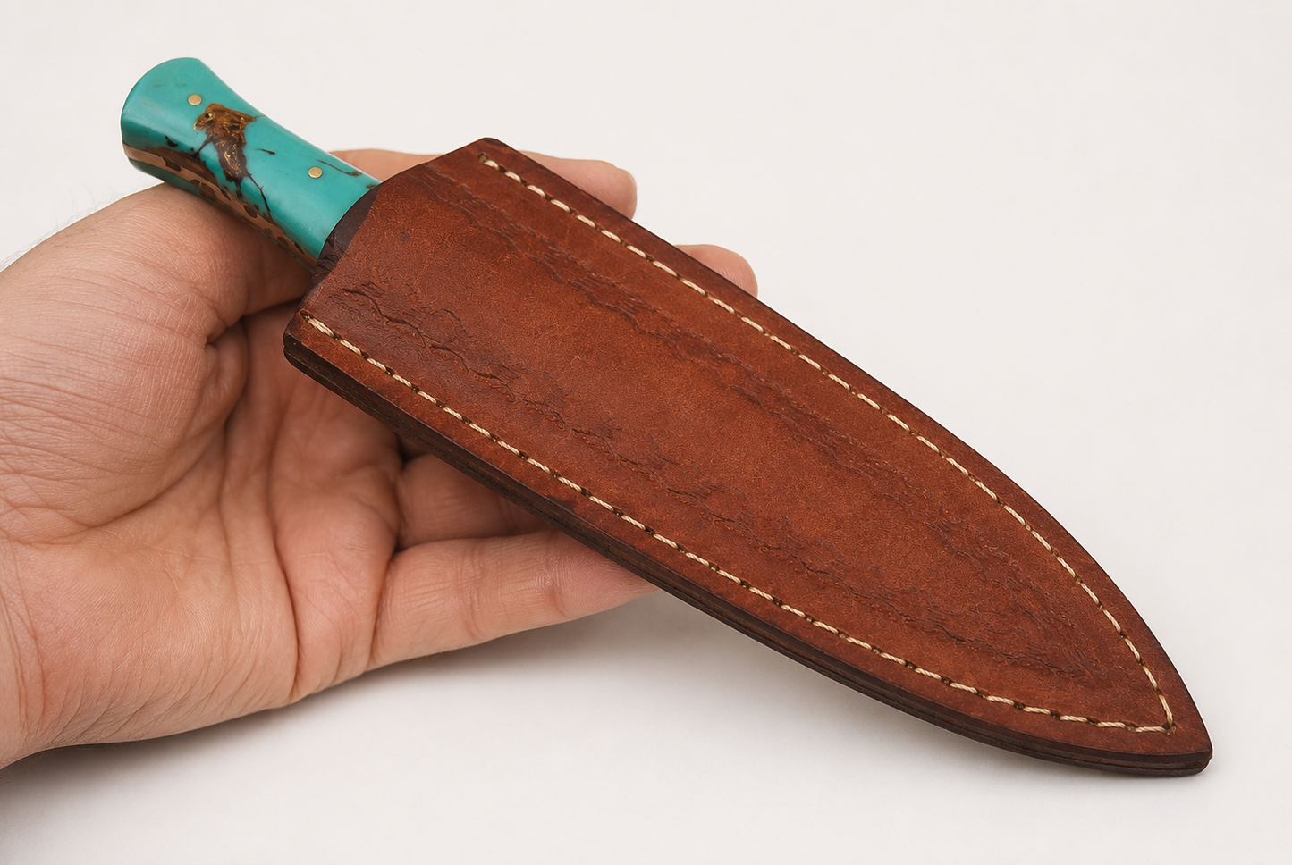 Hand Forged Damascus Steel Fixed Blade Knife – Resin & Brass Bolster Handle | Leather Sheath Included