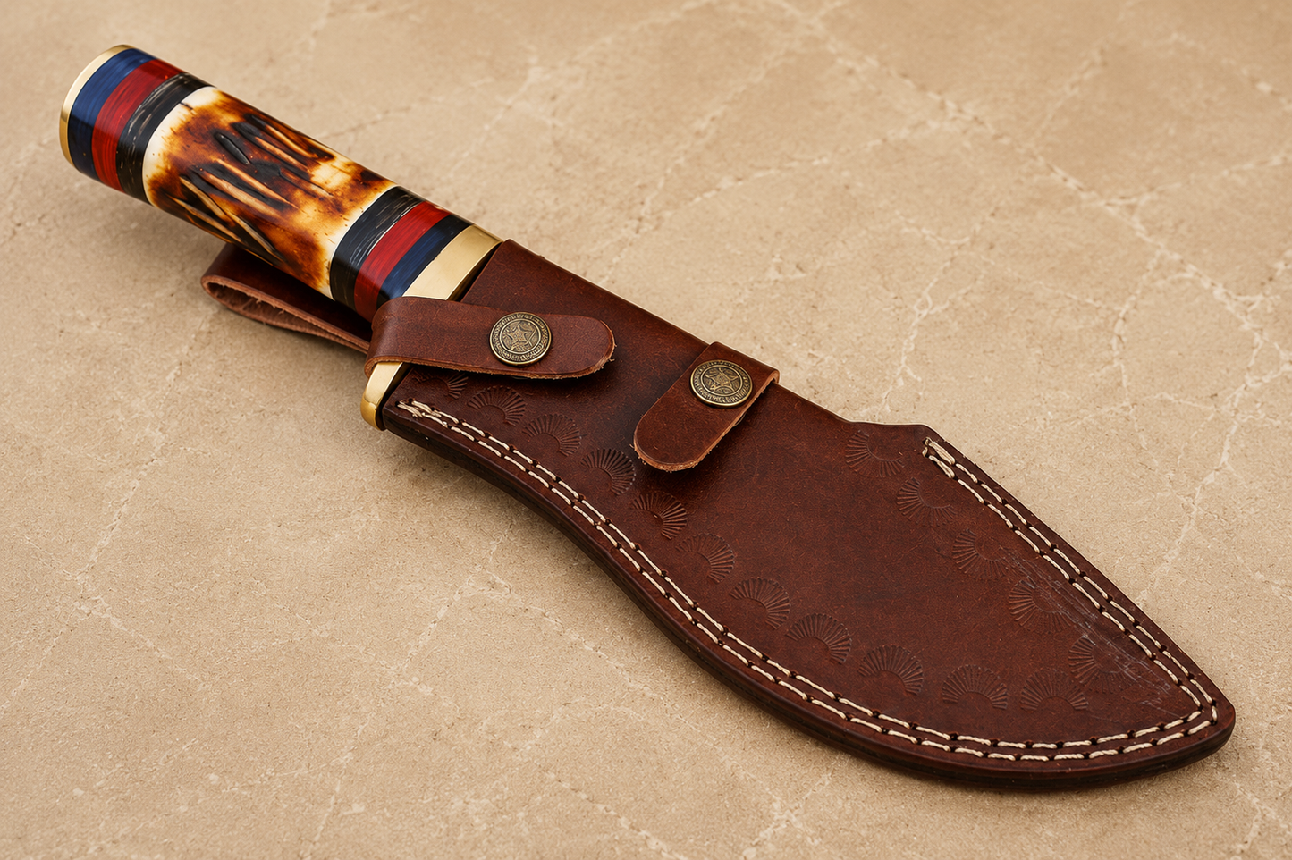 Heritage Curve Damascus Steel Utility Knife – 12” Hand Forged 512 Layer Blade with Camel Bone Handle & Leather Sheath