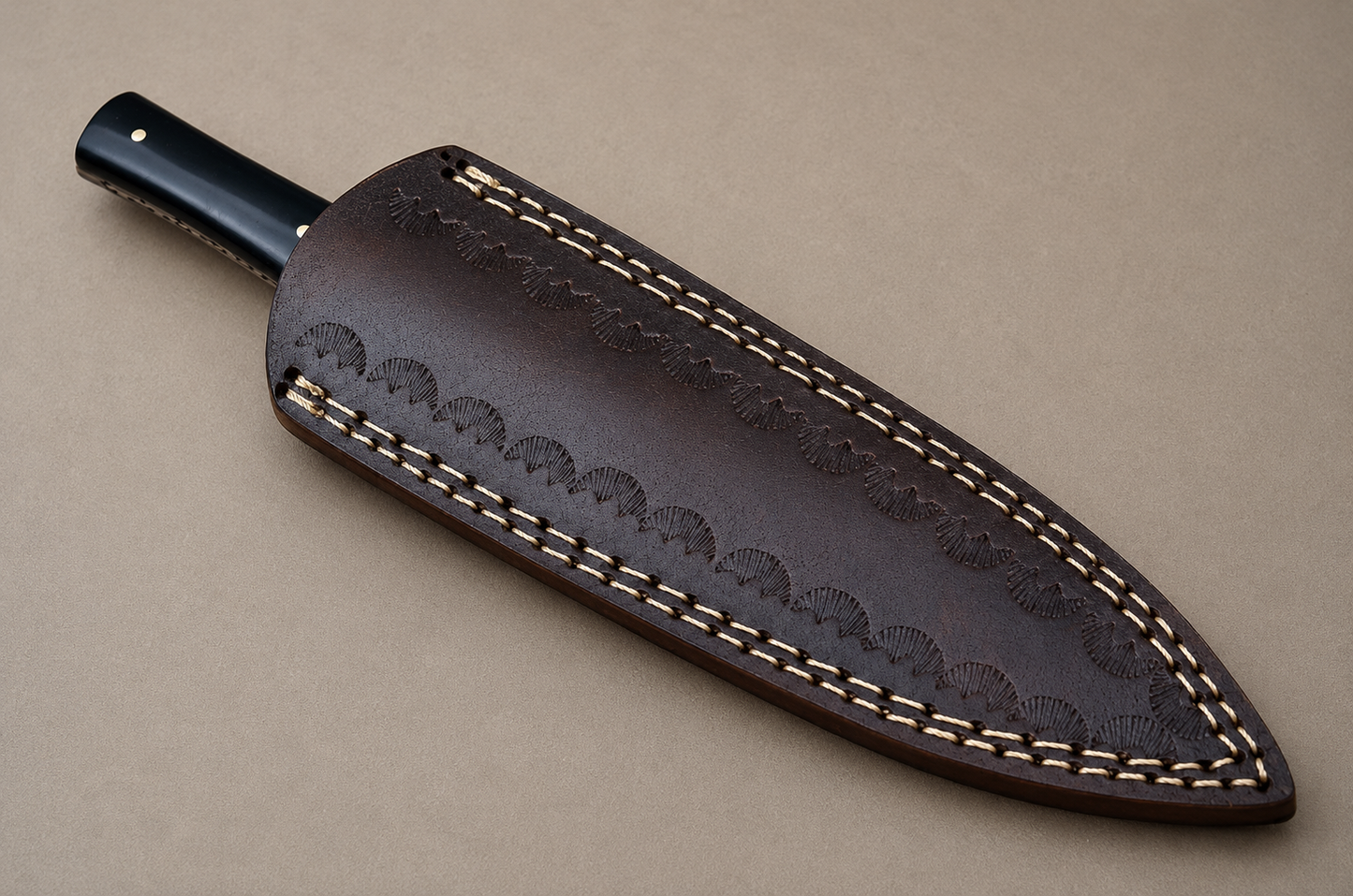 Midnight Horn Damascus Steel Knife – 512 Layer Hand Forged Blade with Bull Horn Handle & Leather Sheath
