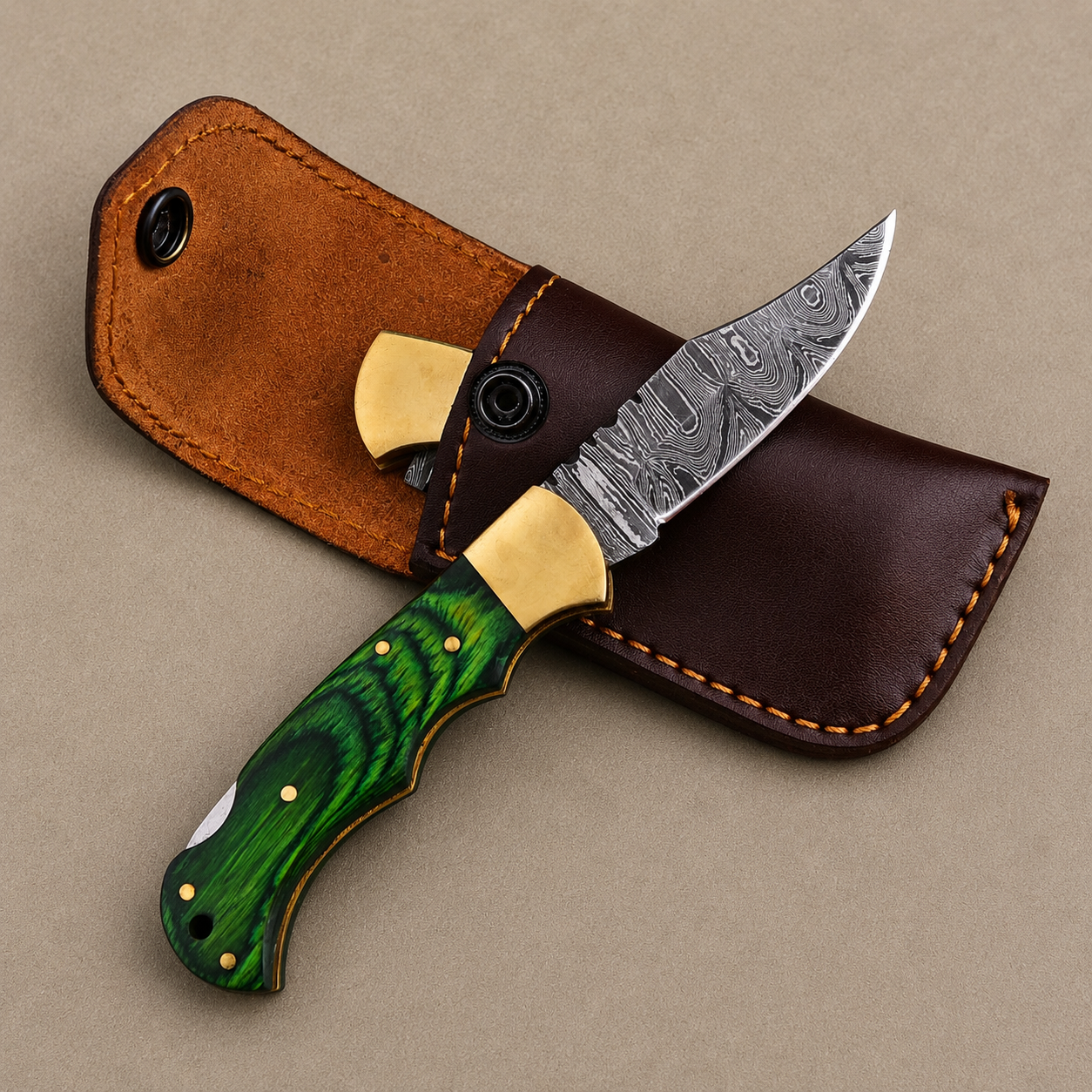 Emerald Ridge Damascus Folding Knife – Hand Forged Steel with Green Pakka Wood Handle, Brass Bolster & Leather Sheath