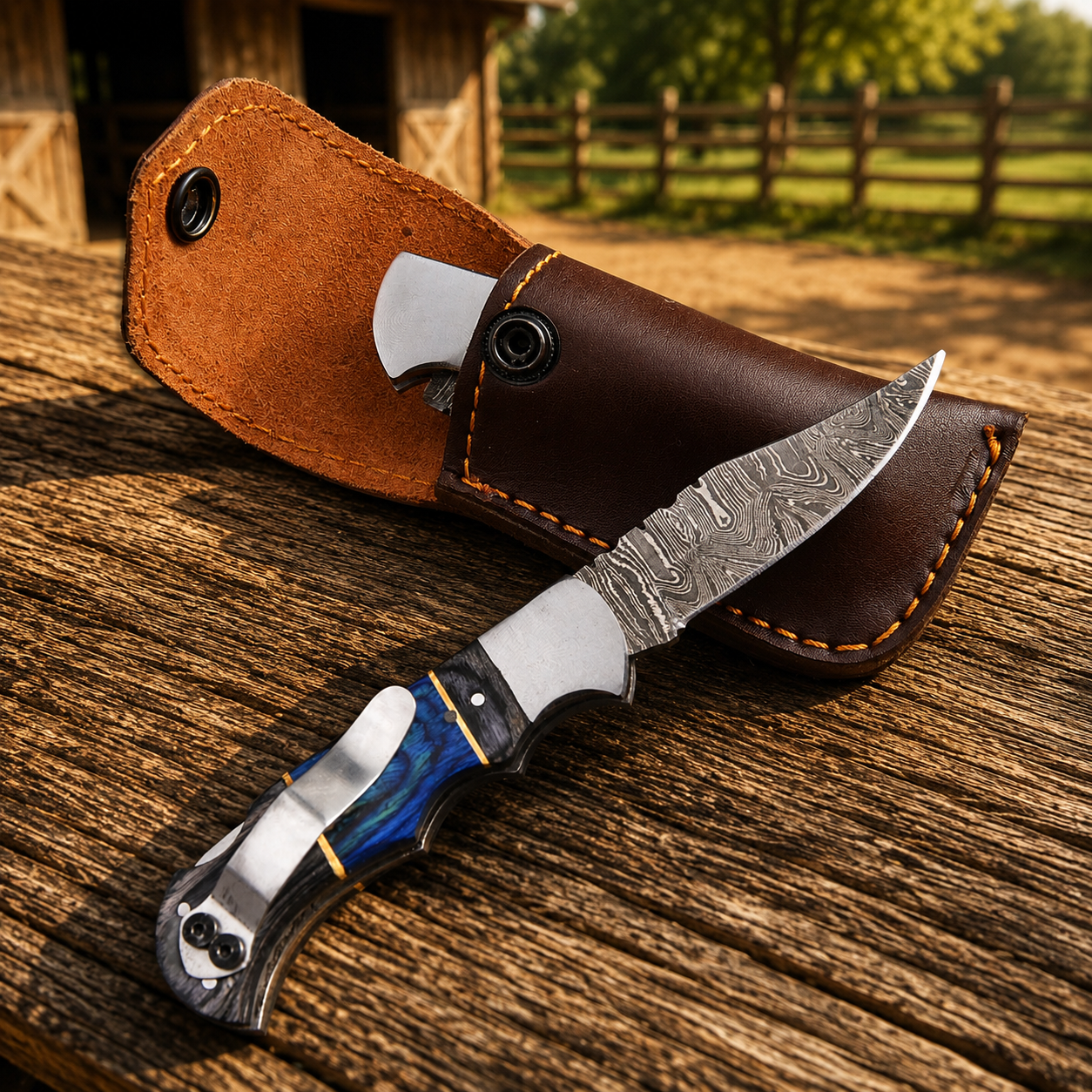 Hand Forged Damascus Folding Knife – Steel Bolster Pakka Wood Pocket Knife with Leather Sheath {Custom Engraving Available}