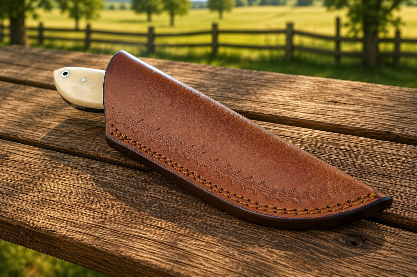 Handmade Railroad Spike Carbon Steel Utility Knife – Natural Bone & Horn Handle | Leather Sheath Included