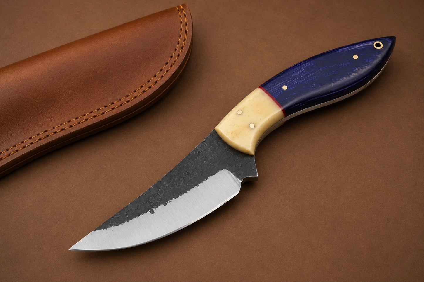 ForgeCraft Carbon Steel Knife – Hand Forged Blade with Wood & Bone Handle and Leather Sheath