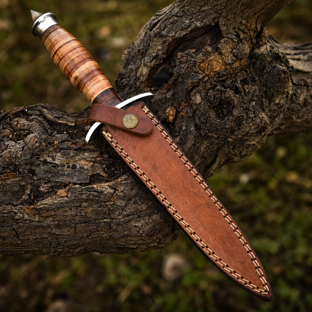 Vintage Style Fixed Blade Knife – Stacked Leather Handle with Leather Sheath