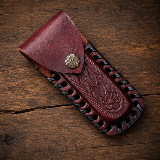 Handmade Leather Folding Utility Knife Sheath – Hand Engraved Universal EDC Belt Holder 5.5 Inch