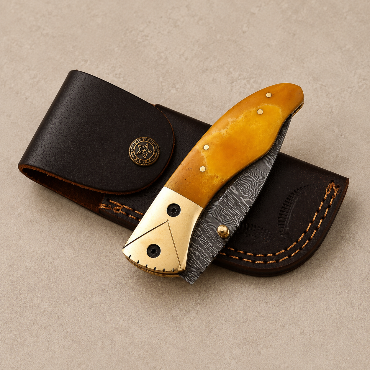 Desert Crown Damascus Folding Knife – 512 Layer Hand Forged Steel with Camel Bone & Brass Handle