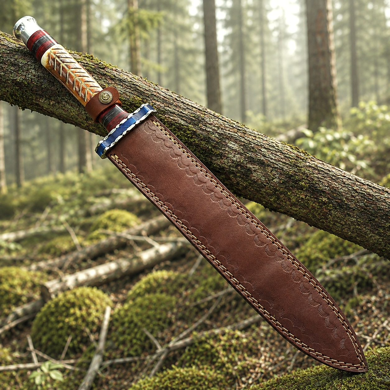 Custom Handmade Damascus Steel Medieval Collector Display Sword – Camel Bone Handle with Leather Sheath