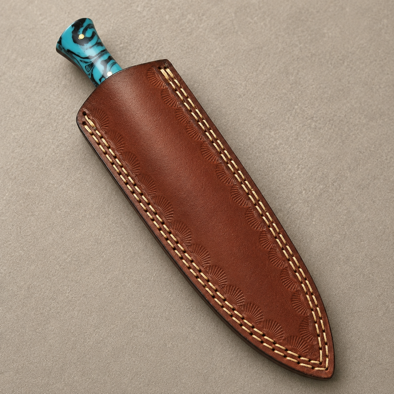 Copper Ridge Damascus Steel Knife – 512 Layer Hand Forged Blade with Resin & Brass Handle and Leather Sheath