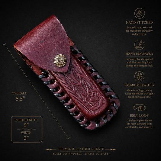 Handmade Leather Folding Knife Sheath – Hand Engraved Folding Pocket Knife Holder 5.5 Inch Universal Cover