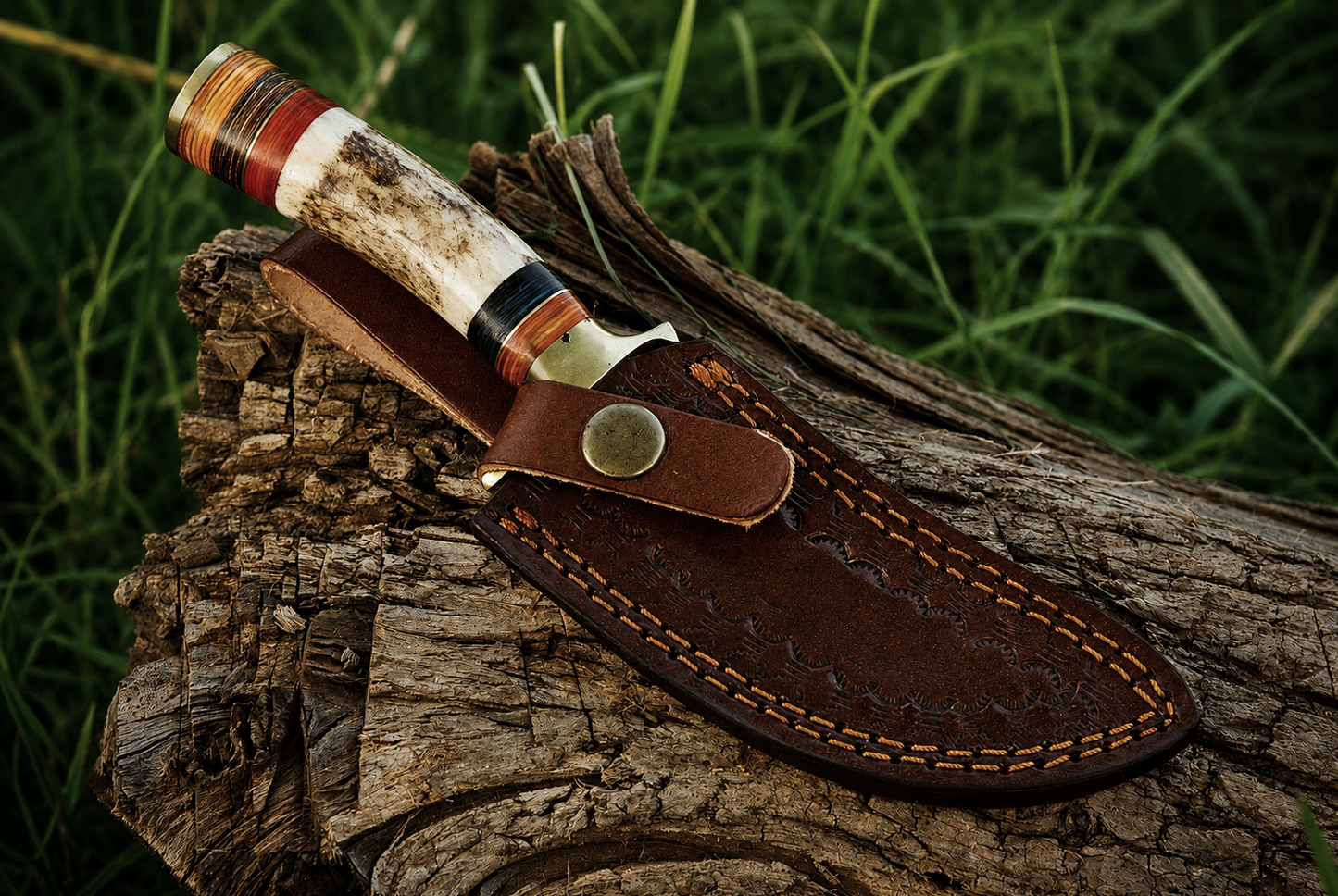 Hand Forged Damascus Steel Outdoor Knife with Stag Handle & Brass Guard – 512 Layers Knife with Leather Sheath