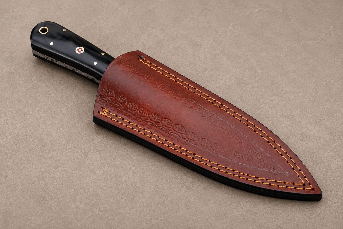 Midnight Horn Damascus Steel Knife – 512 Layer Hand Forged Blade with Bull Horn Handle & Leather Sheath