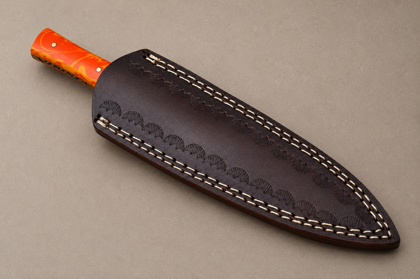 Ember Crest Damascus Steel Knife – 512 Layer Hand Forged Blade with Resin & Brass Handle and Leather Sheath