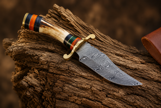 Heritage Damascus Steel Knife – Hand Forged 512-Layer Blade with Stag Handle, Brass Guard & Leather Sheath