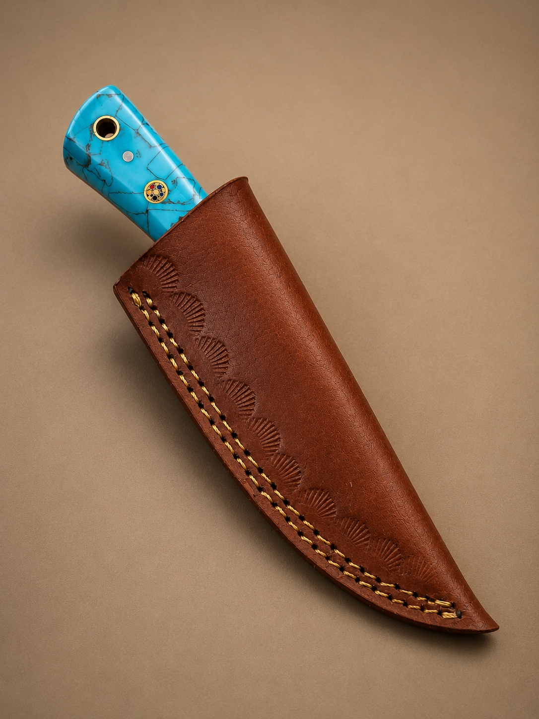 Handmade D2 Steel Fixed Blade Knife with Resin Handle & Leather Sheath – Mirror Polished Finish