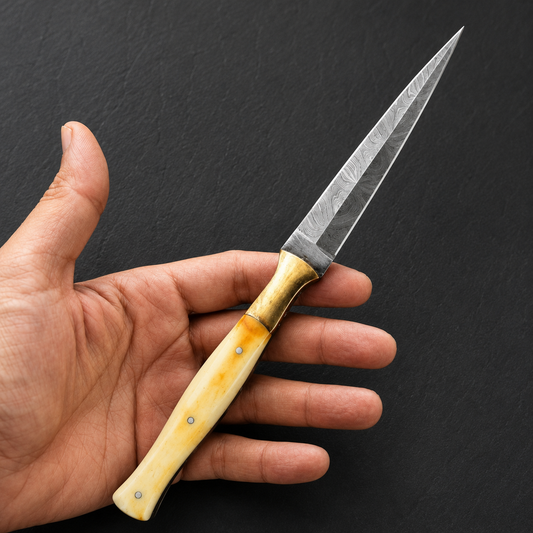 Legacy Damascus Steel Knife – 512 Layer Hand Forged Blade with Camel Bone, Brass Bolster & Leather Sheath