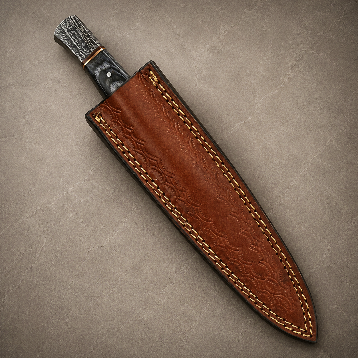 Twist Forge Damascus Steel Knife – 512 Layer Hand Forged Blade with Stained Wood Handle & Leather Sheath