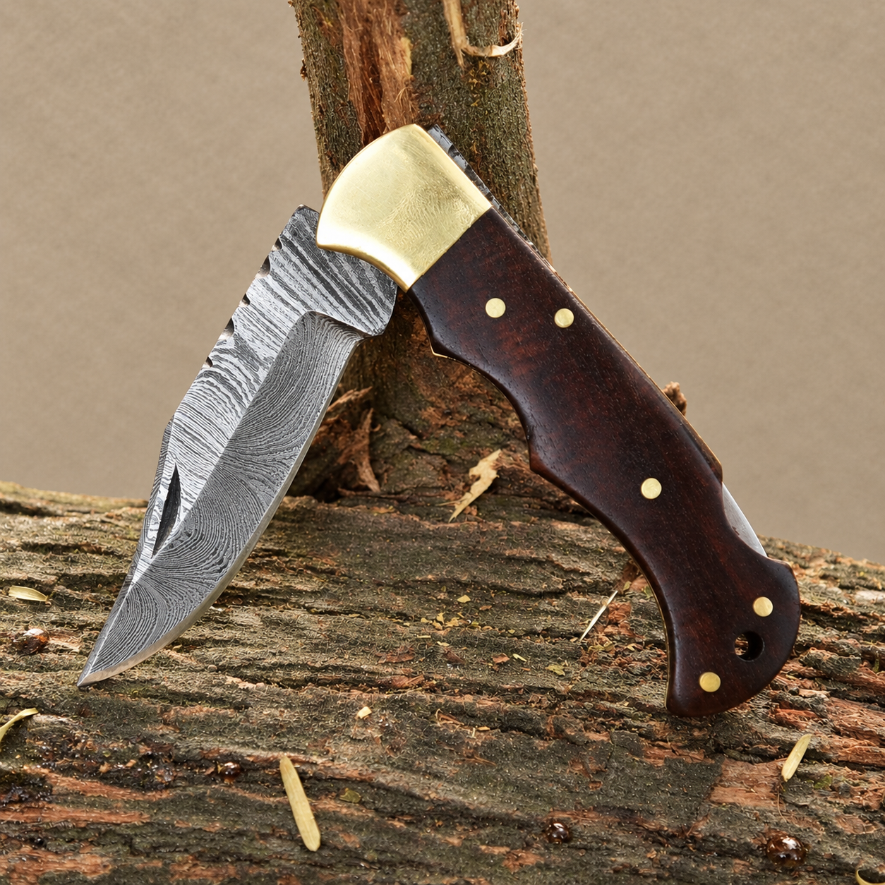 Hand Forged Damascus Steel Folding Pocket Knife with Espresso Wood Handle & Leather Sheath