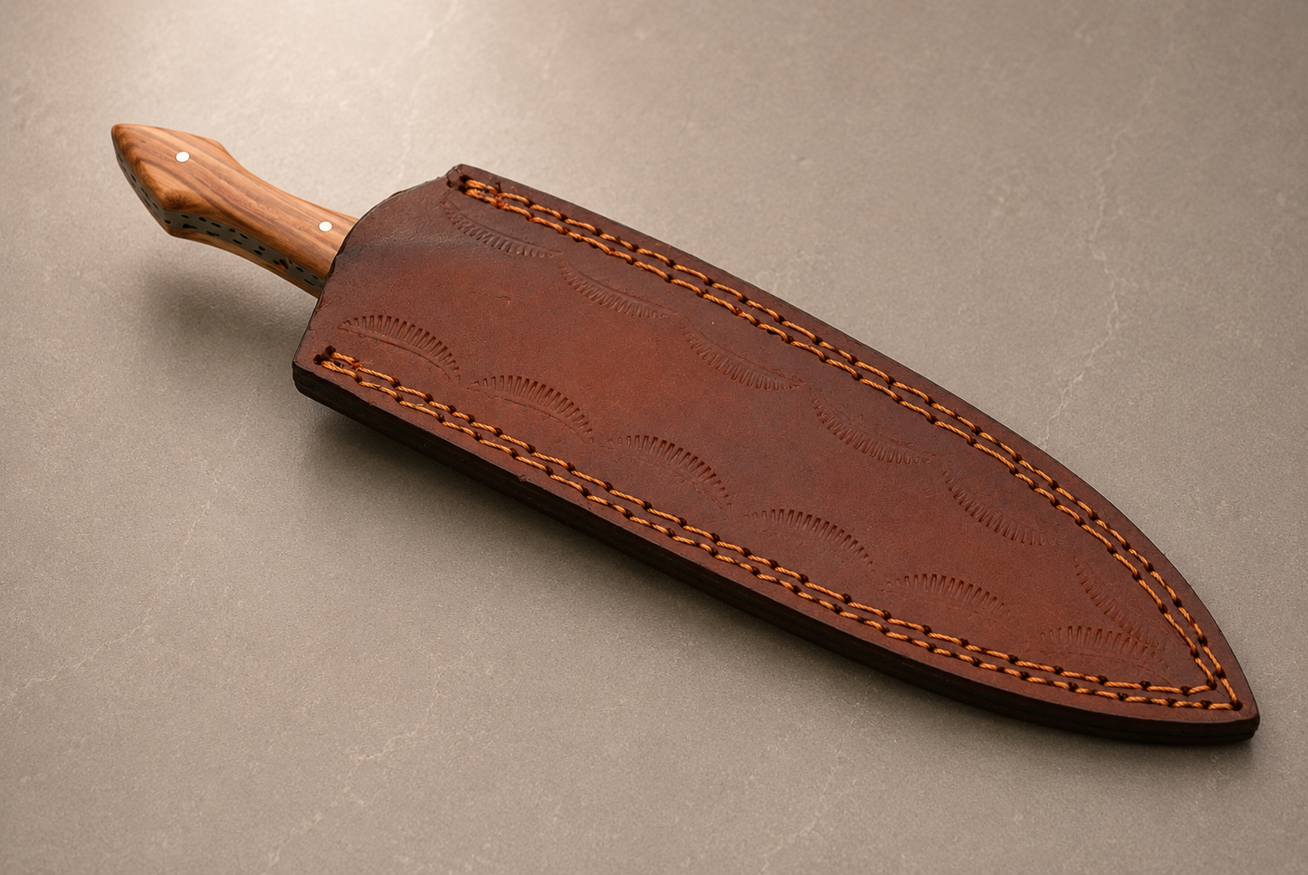 Olive Crest Damascus Steel Knife – 512 Layer Hand Forged Blade with Olive Wood Handle, Brass Bolster & Leather Sheath