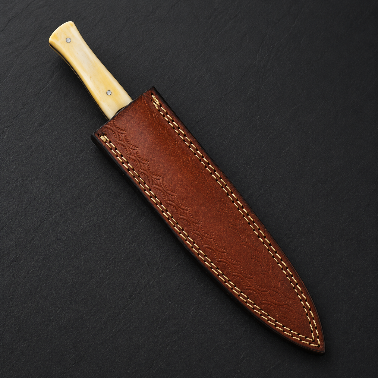 Legacy Damascus Steel Knife – 512 Layer Hand Forged Blade with Camel Bone, Brass Bolster & Leather Sheath