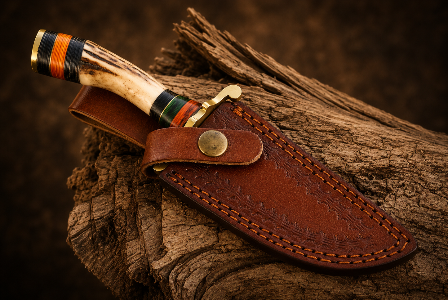 Heritage Damascus Steel Knife – Hand Forged 512-Layer Blade with Stag Handle, Brass Guard & Leather Sheath