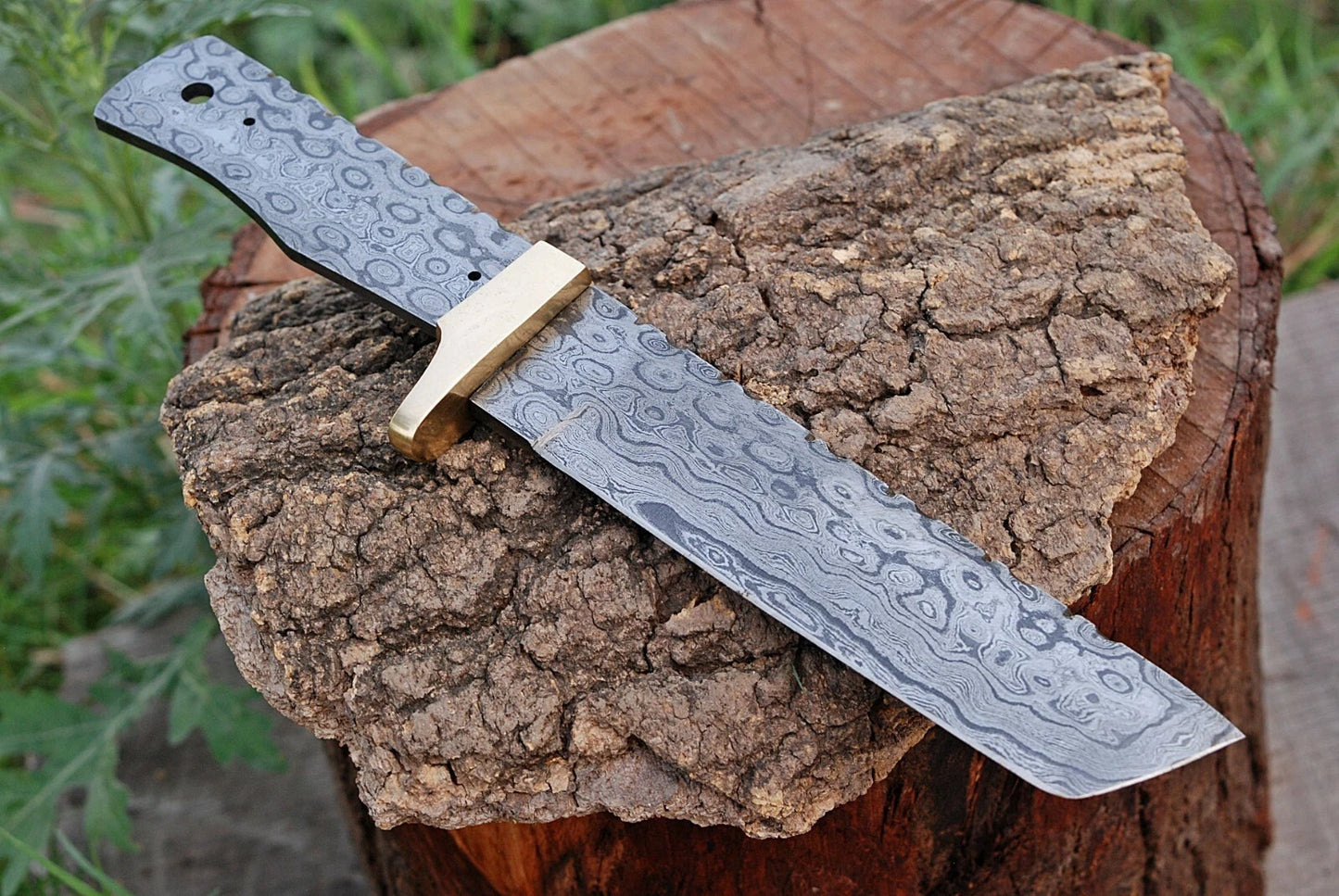CUSTOM HAND FORGED DAMASCUS STEEL BLANK BLADE TANTO KNIFE W/BRASS BOLSTER