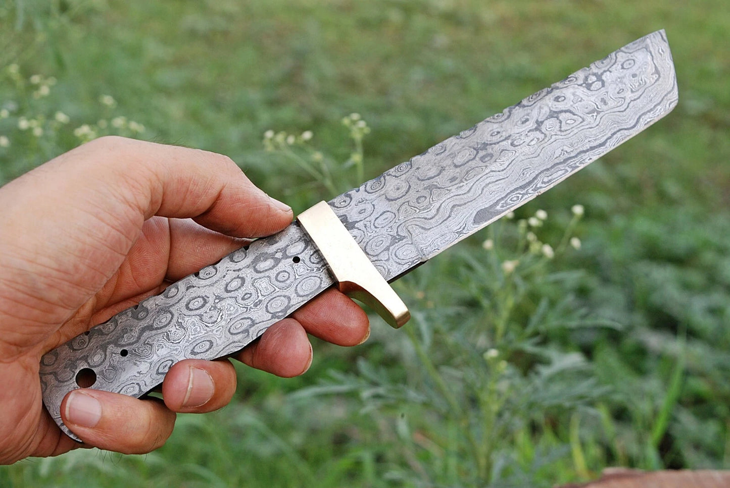 CUSTOM HAND FORGED DAMASCUS STEEL BLANK BLADE TANTO KNIFE W/BRASS BOLSTER