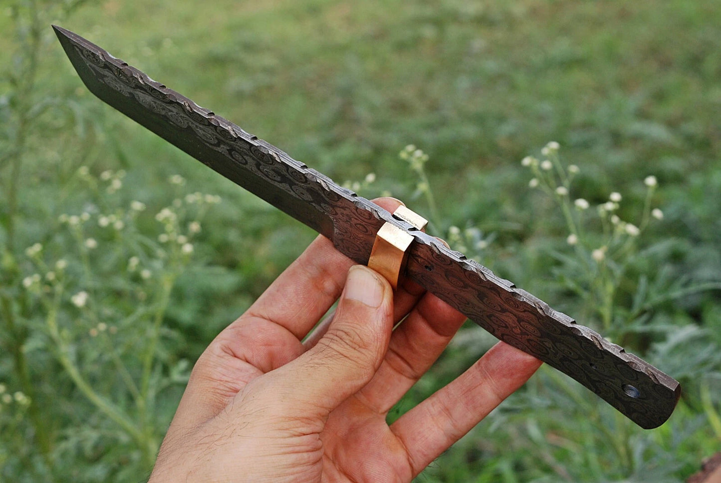 CUSTOM HAND FORGED DAMASCUS STEEL BLANK BLADE TANTO KNIFE W/BRASS BOLSTER