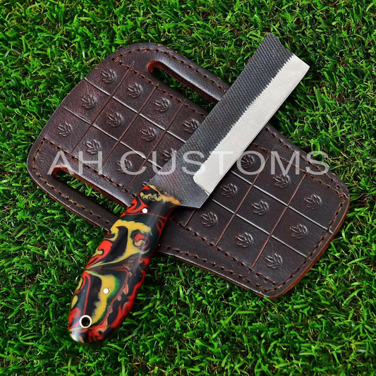 Hand Forged Railroad Steel Fixed Blade Tool with Risen Resin Handle – Compact Utility Tool with Leather Sheath