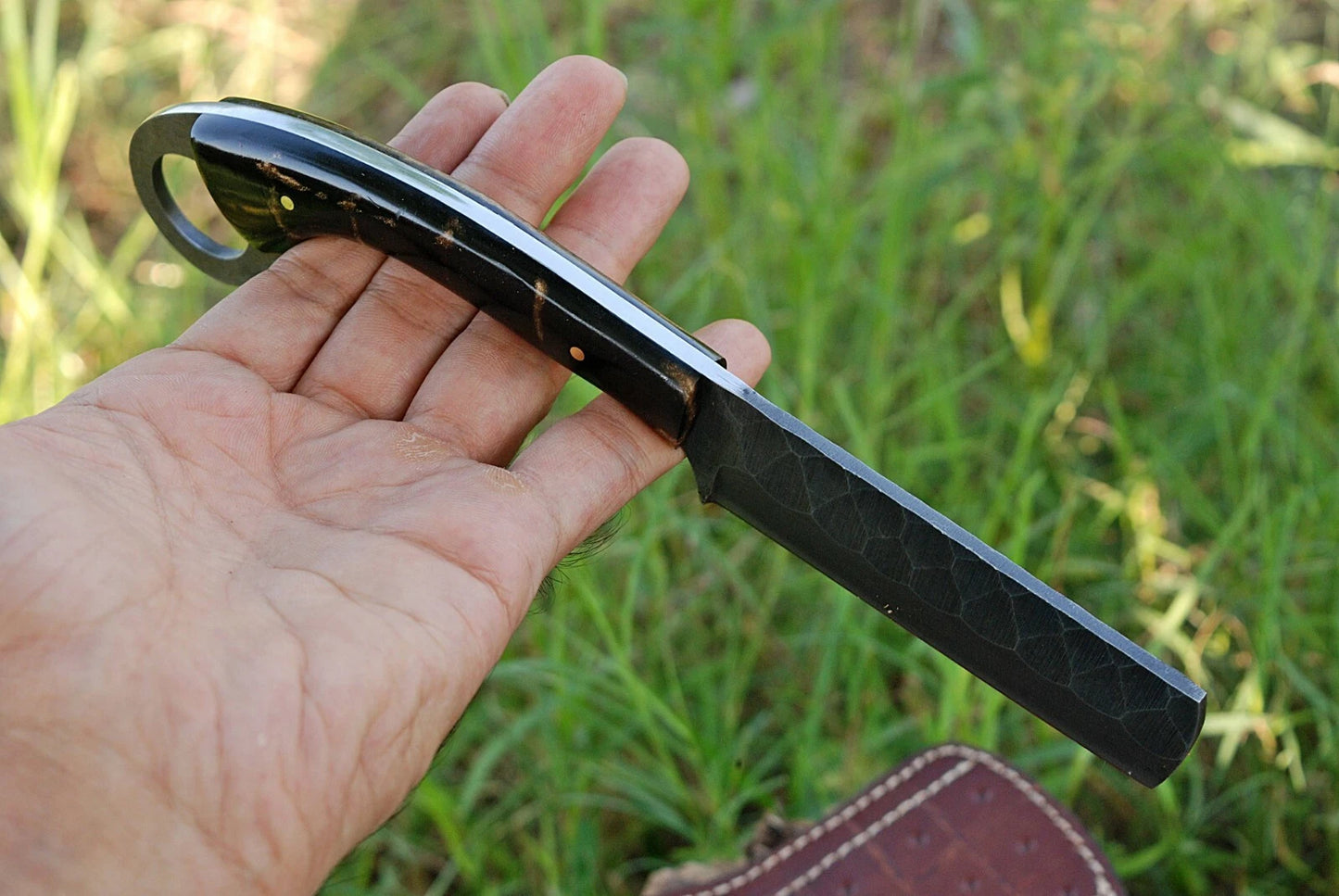 HAND FORGED RAIL ROAD STEEL BULL CUTTER KNIFE & RISEN HANDLE