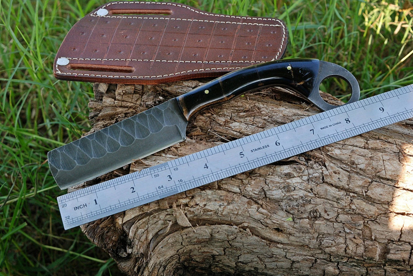 HAND FORGED RAIL ROAD STEEL BULL CUTTER KNIFE & RISEN HANDLE