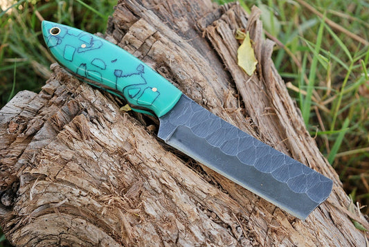 Hand Forged Railroad Steel Fixed Blade Tool with Risen Handle – Compact Utility Tool with Leather Sheath