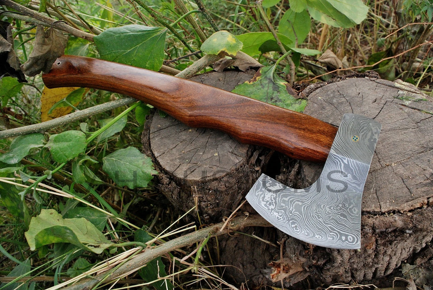 CUSTOM DAMASCUS STEEL TOMAHAWK , HATCHET , AXE ,INTEGRAL , AXE + SHEATH