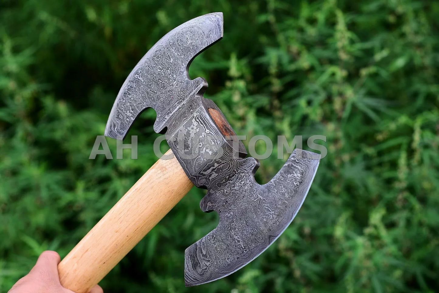 HANDMADE FORGED DAMASCUS STEEL TOMAHAWK, HATCHET, DOUBLE HEAD AXE ,INTEGRAL