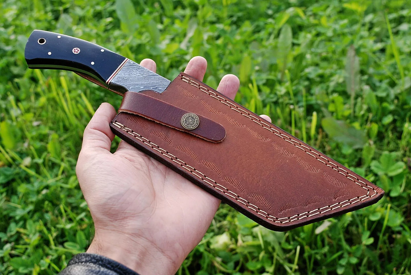 12”CUSTOM HAND FORGED DAMASCUS STEEL TANTO KUKRI KNIFE W/HORN HANDLE