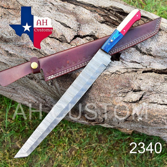 15"HAND FORGED DAMASCUS STEEL BUTCHER TANTO CHEF KNIFE & TEXAS FLAG HANDLE