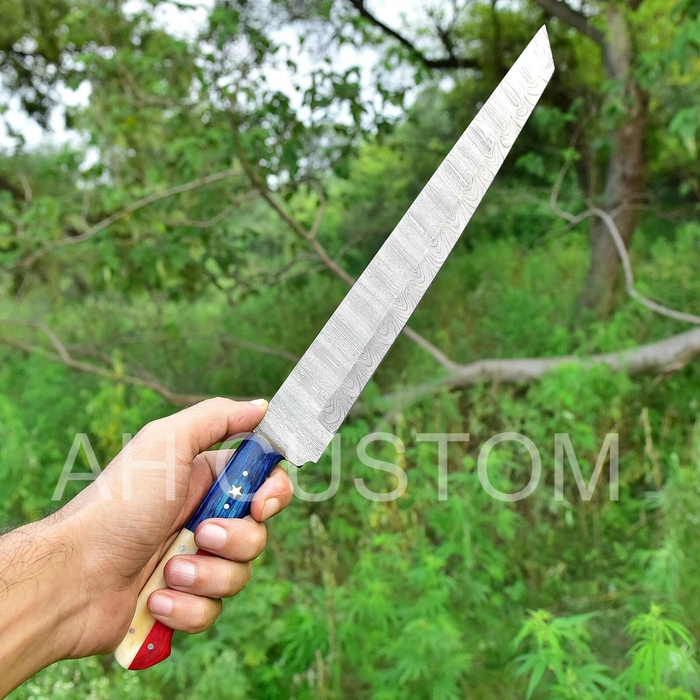 15"HAND FORGED DAMASCUS STEEL BUTCHER TANTO CHEF KNIFE & TEXAS FLAG HANDLE
